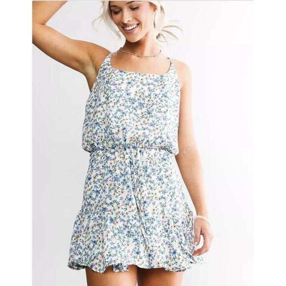 Daytrip Blue & Yellow Floral Adjustable Spaghetti‎ Strap Short Romper Small